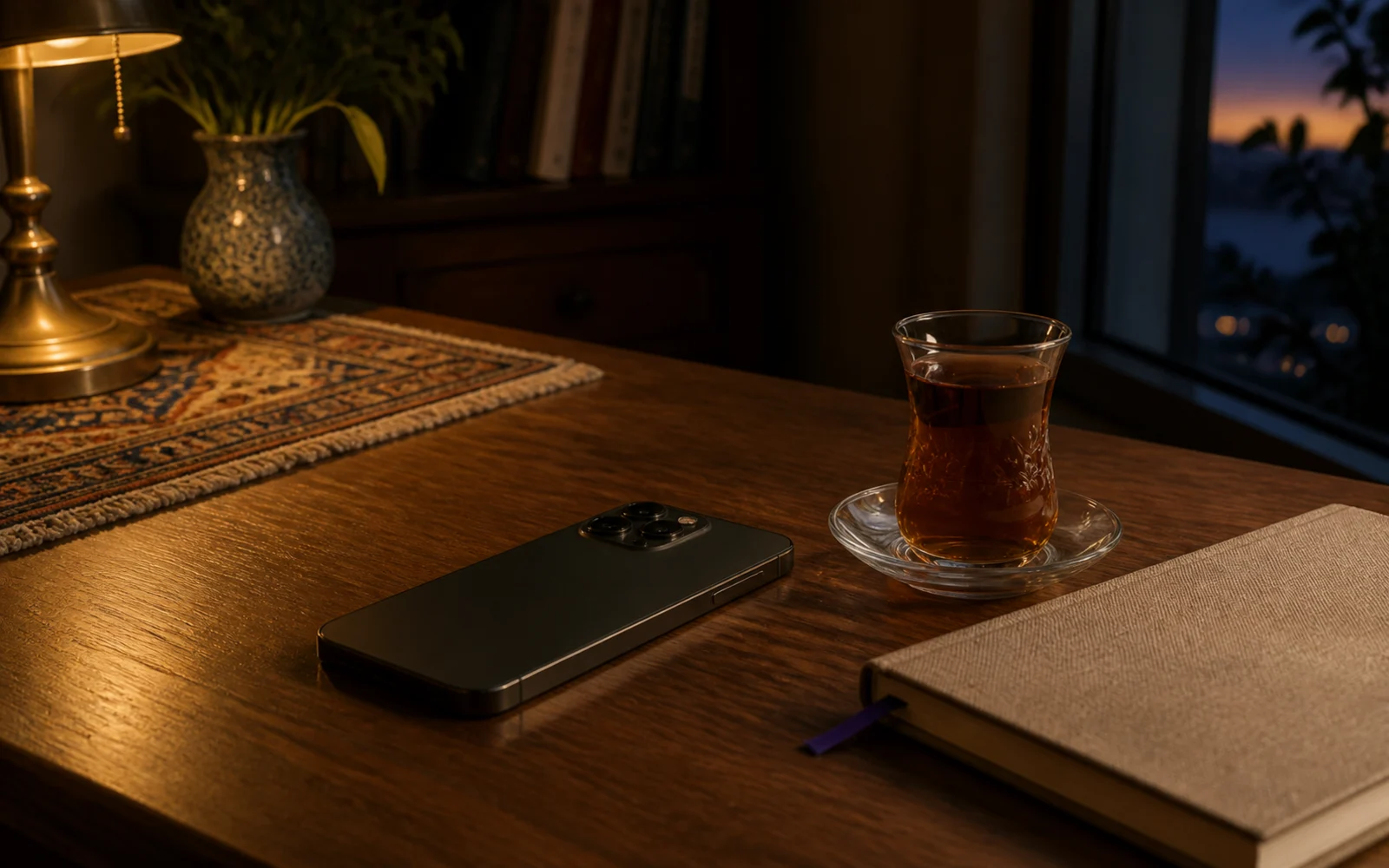 گوشی روی میز چوبی گرم کنار استکان چای و دفترچه، نور غروب از پنجره